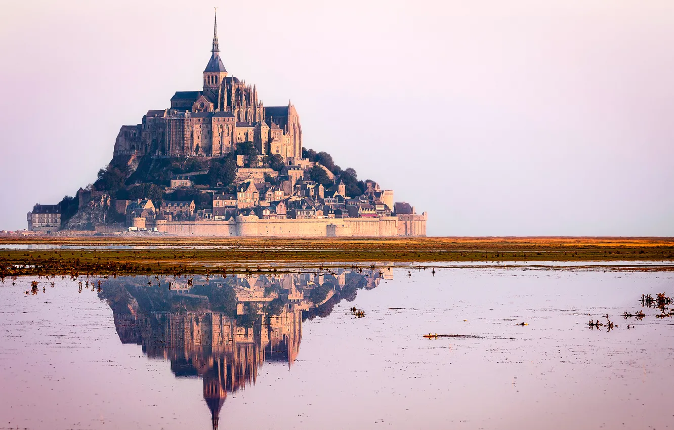 Photo wallpaper the sky, reflection, castle, France, Normandy, Mont-Saint-Michel