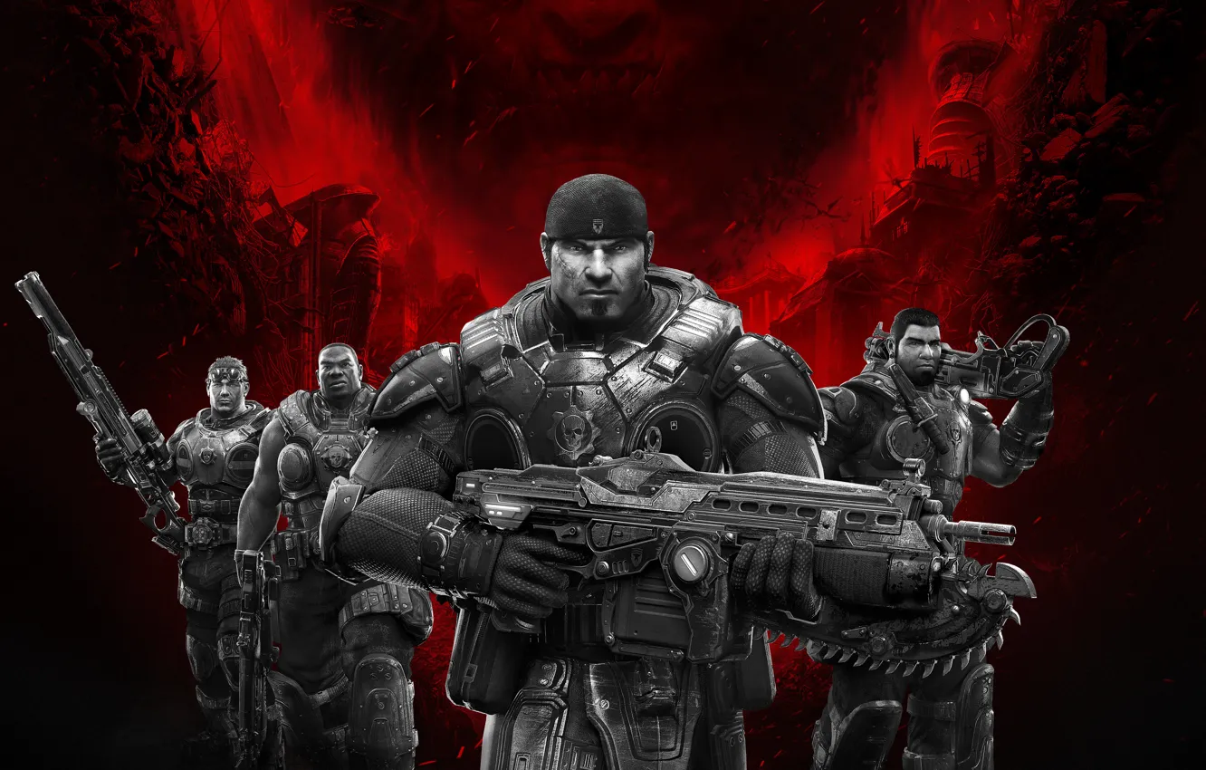 Photo wallpaper weapons, each, team, Lancer, armor, saw, rifle, bandana