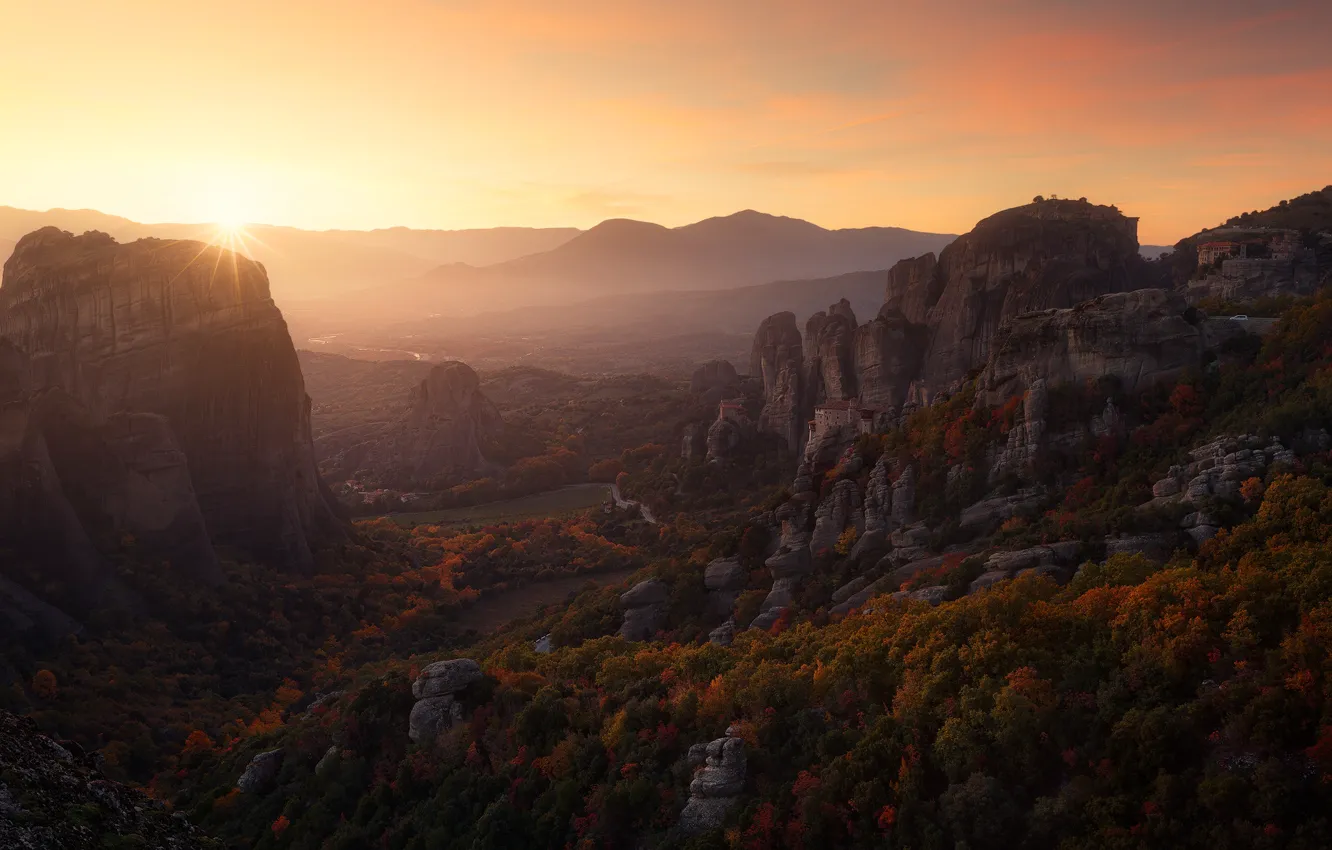 Photo wallpaper mountains, rocks, meteor, Greece, the monastery