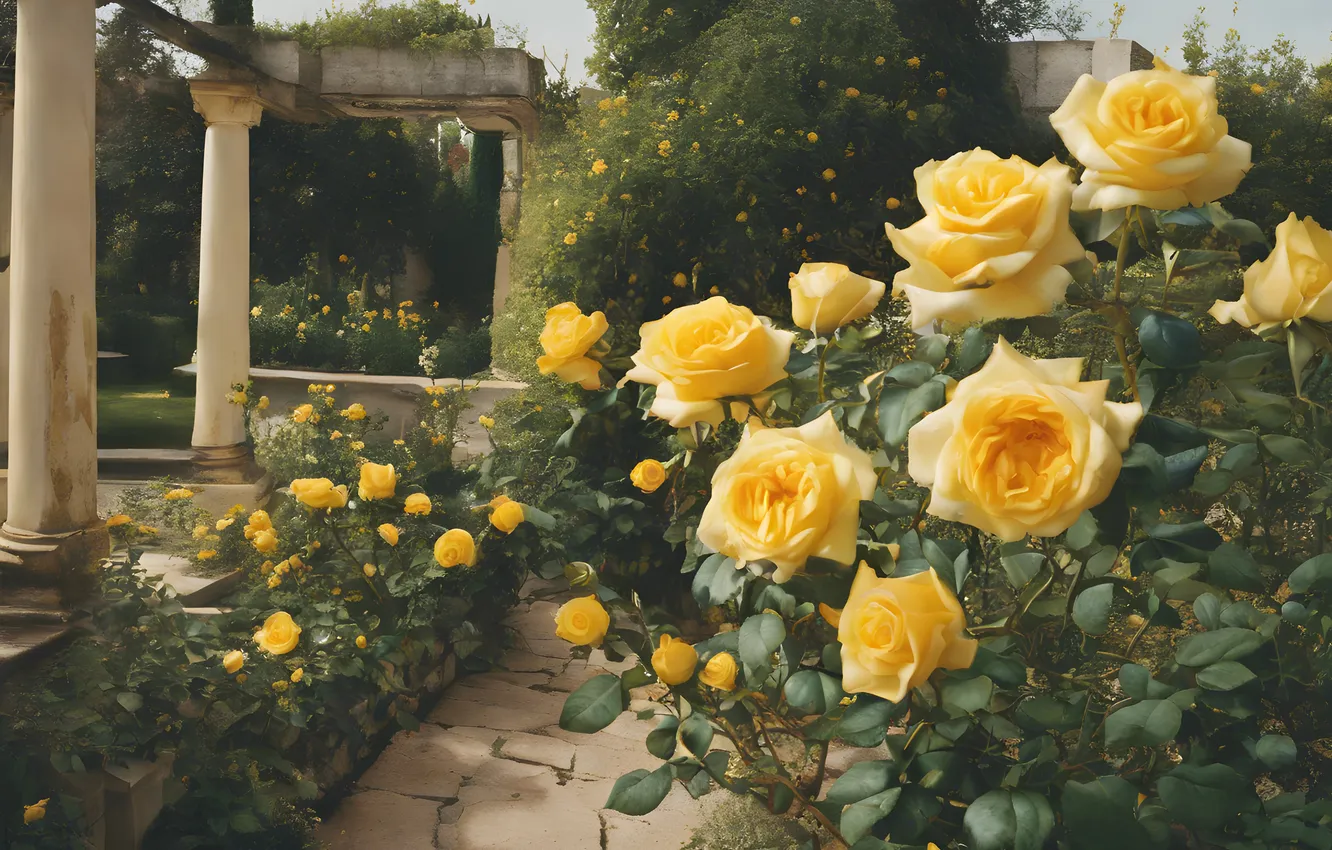 Photo wallpaper flowers, yellow, roses, garden, rose Bush, AI art, neural network