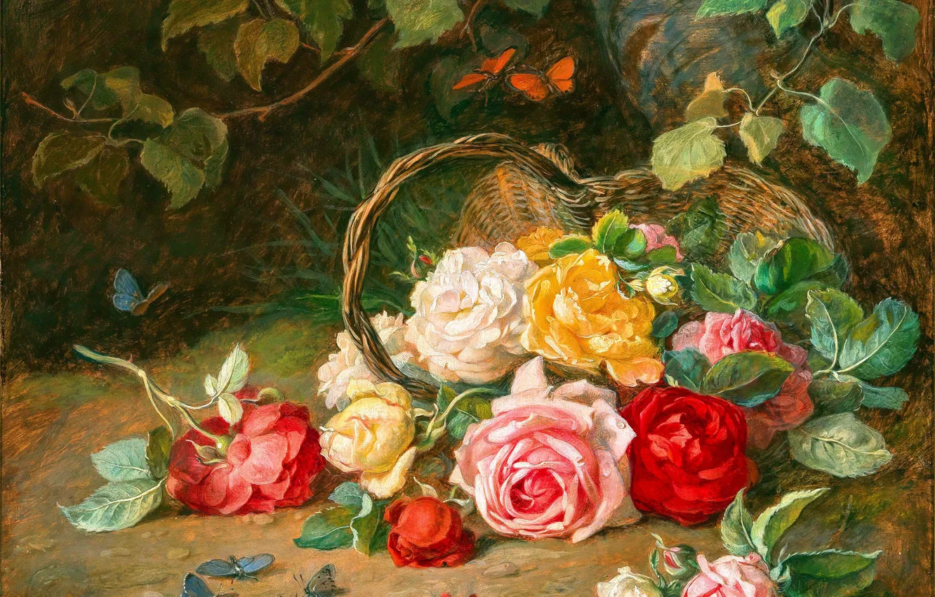 Photo wallpaper flowers, butterfly, roses, picture, basket, Austrian artist, Josef Neugebauer, Josef Neugebauer