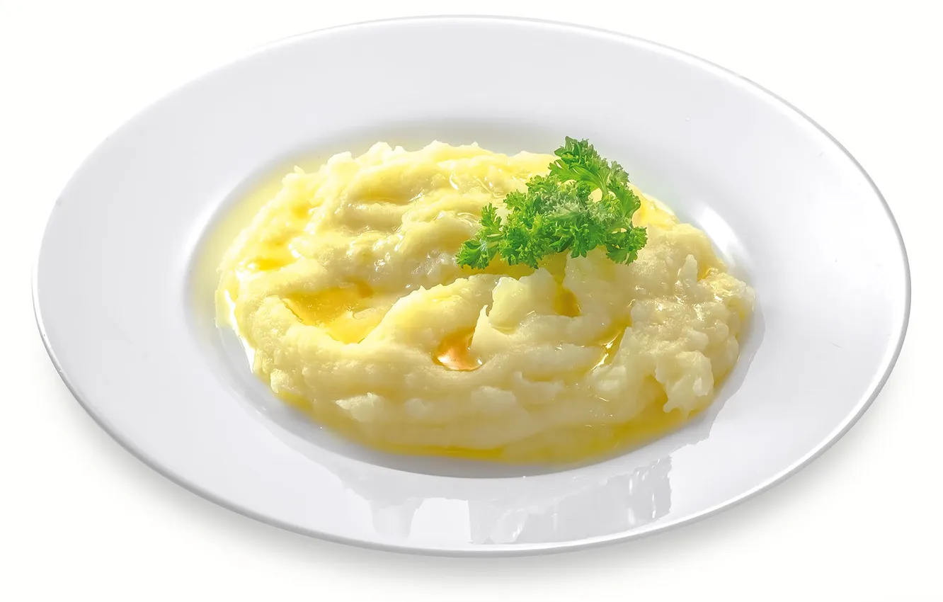 Photo wallpaper greens, oil, plate, white background, mashed potatoes, butter