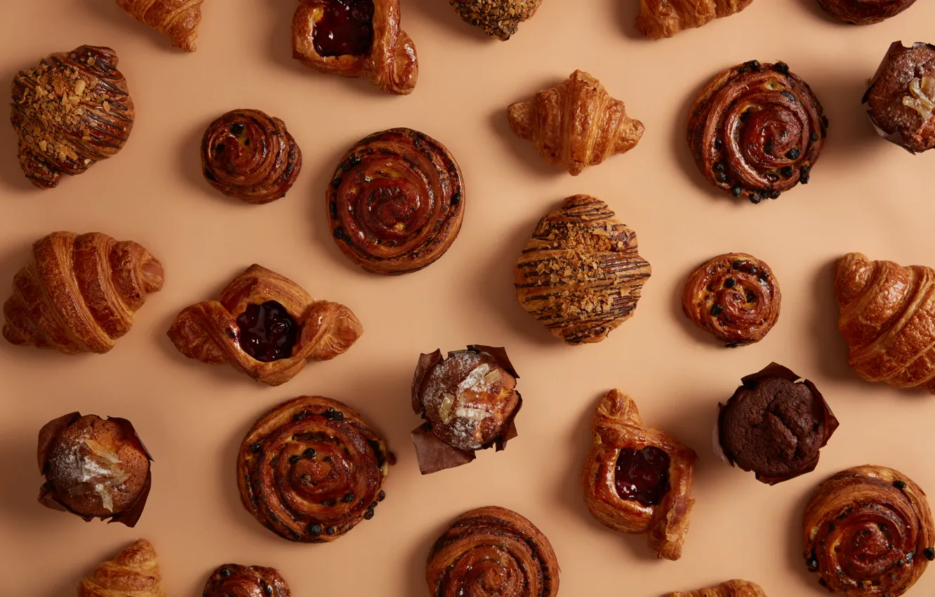 Photo wallpaper different, a lot, dessert, cakes, chocolate, cupcakes, buns, croissant