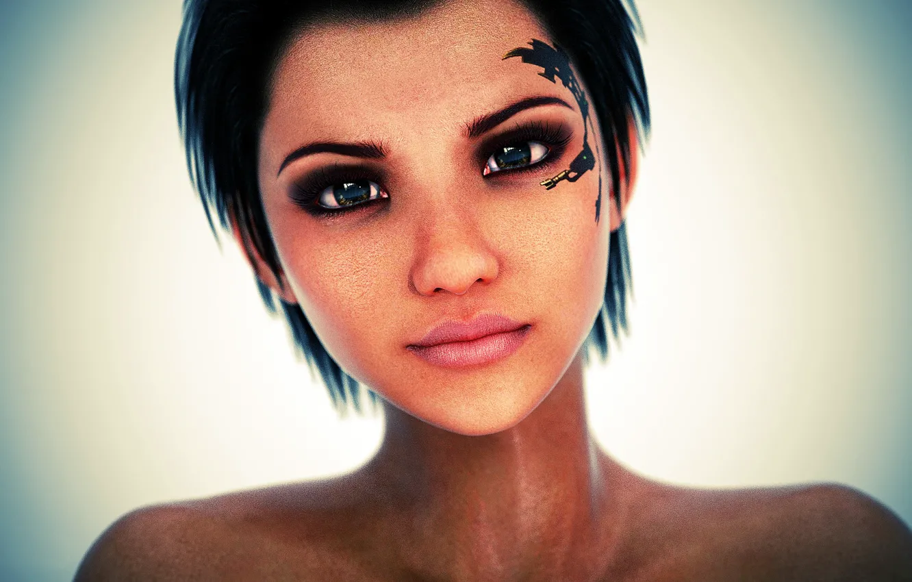 Photo wallpaper eyes, look, girl, face, rendering, hair, tattoo
