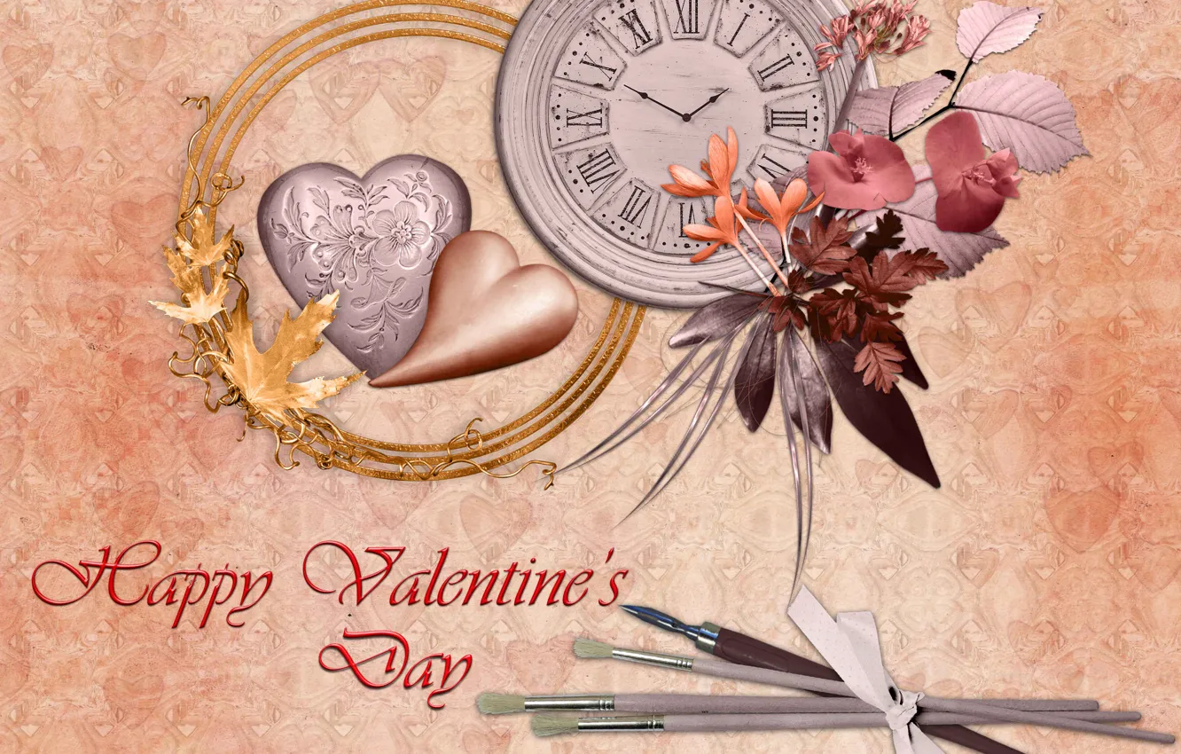 Photo wallpaper leaves, love, flowers, heart, watch, lovers, the volume, postcard