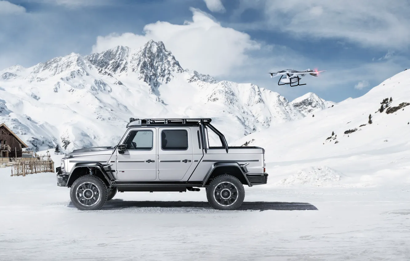 Photo wallpaper Mercedes-Benz, Mountains, White, Snow, Pickup, Side, Track, Pickup truck