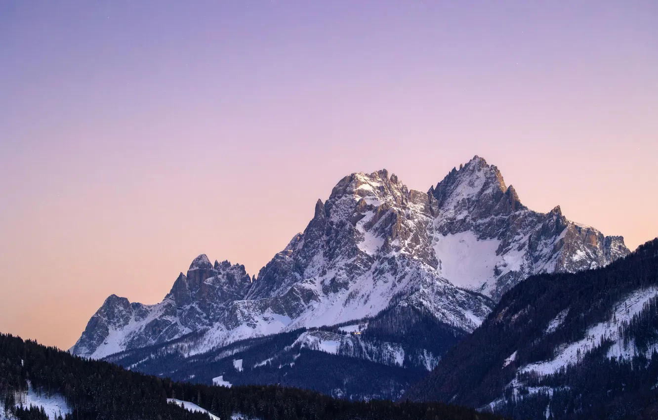 Photo wallpaper forest, morning, Italy, forest, snowy mountains, Italy, morning, Snow mountains