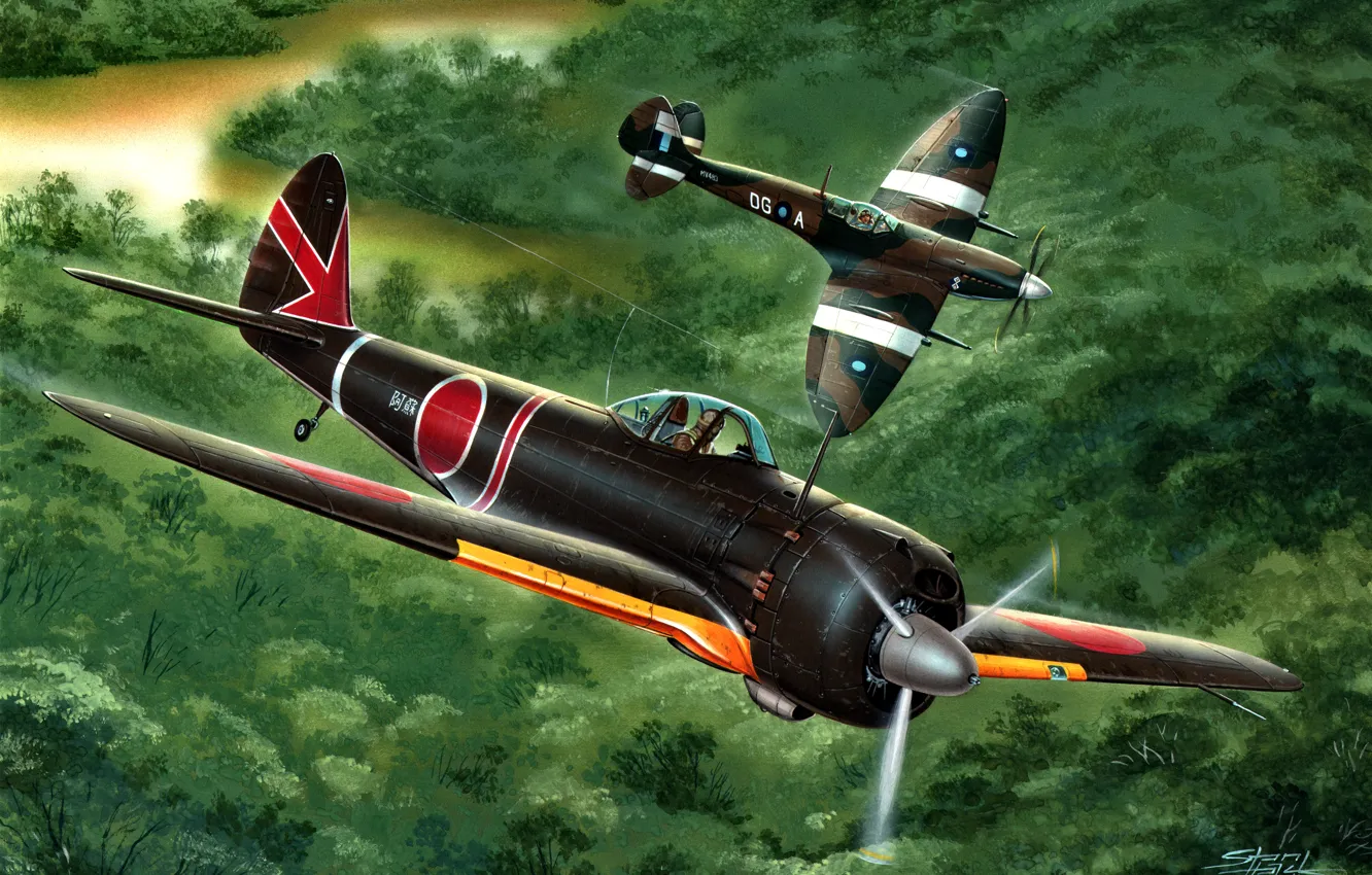 Photo wallpaper Imperial, Hayabusa, Spitfire, Nakajima, WW2, Supermarine, Mk.VIII, Ki-43-III Ko