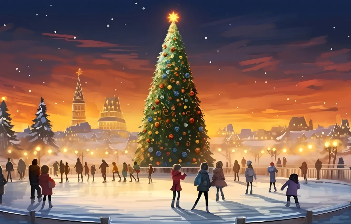 Photo wallpaper people, tree, new year, Christmas, rink, digital art, AI art, The Art of Artificial Intelligence