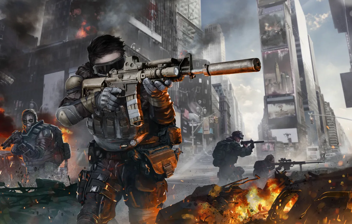 Photo wallpaper city, the city, lights, weapons, war, soldiers, battlefield, fighter