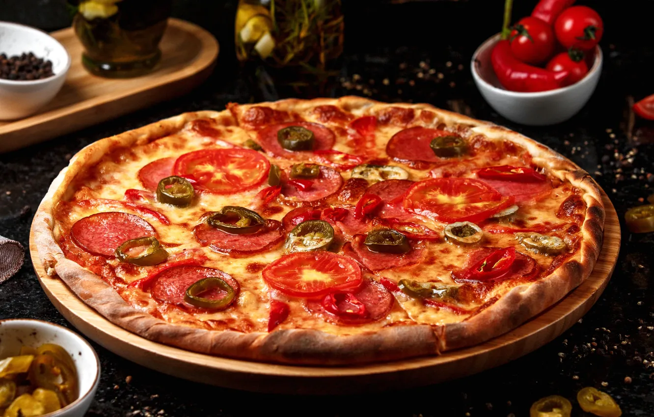 Photo wallpaper cheese, pizza, tomatoes, sauce, tomatoes, cakes, pizza, the dough
