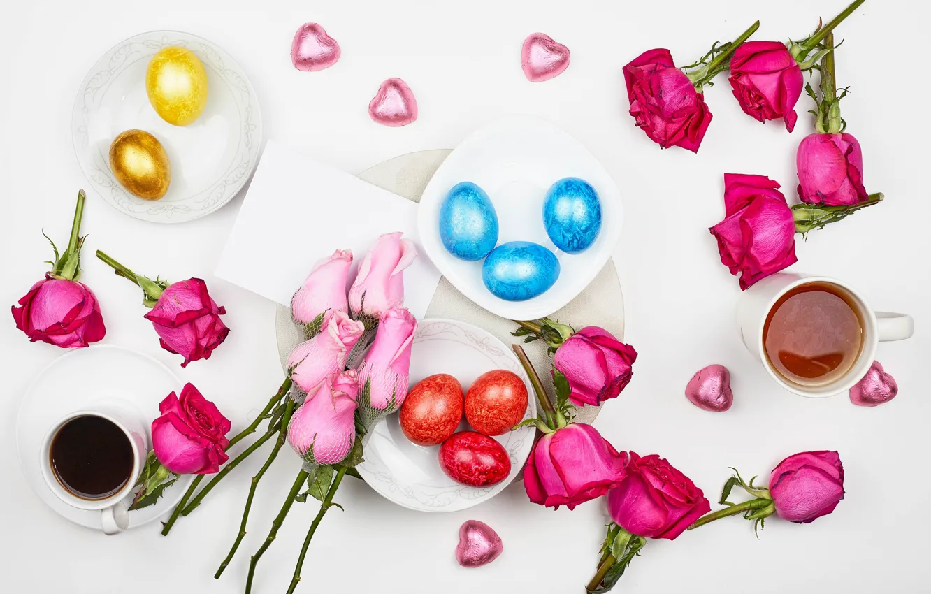 Photo wallpaper flowers, tea, roses, eggs, Easter