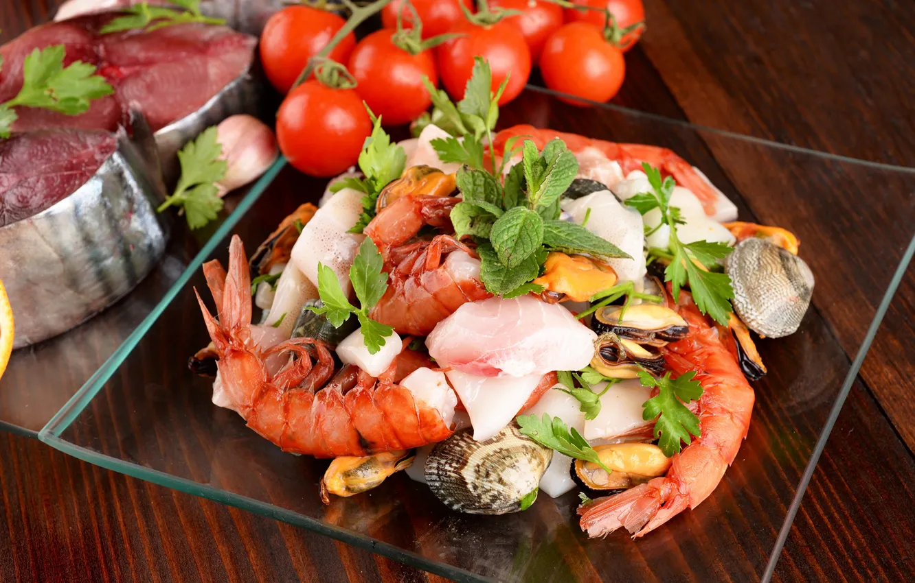 Photo wallpaper fish, tomatoes, dish, salad, shrimp, mussels