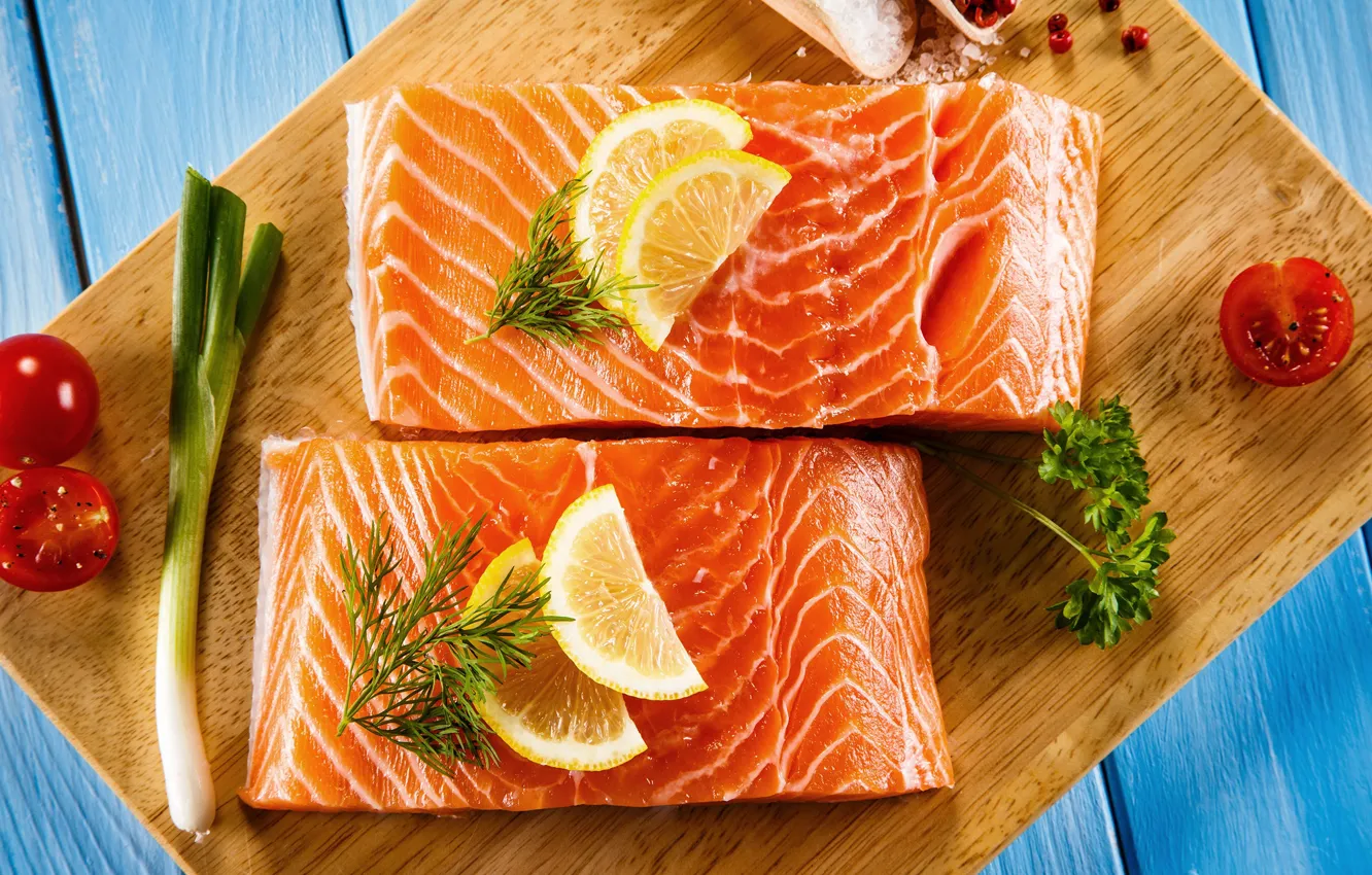 Photo wallpaper greens, lemon, Board, fish, tomatoes