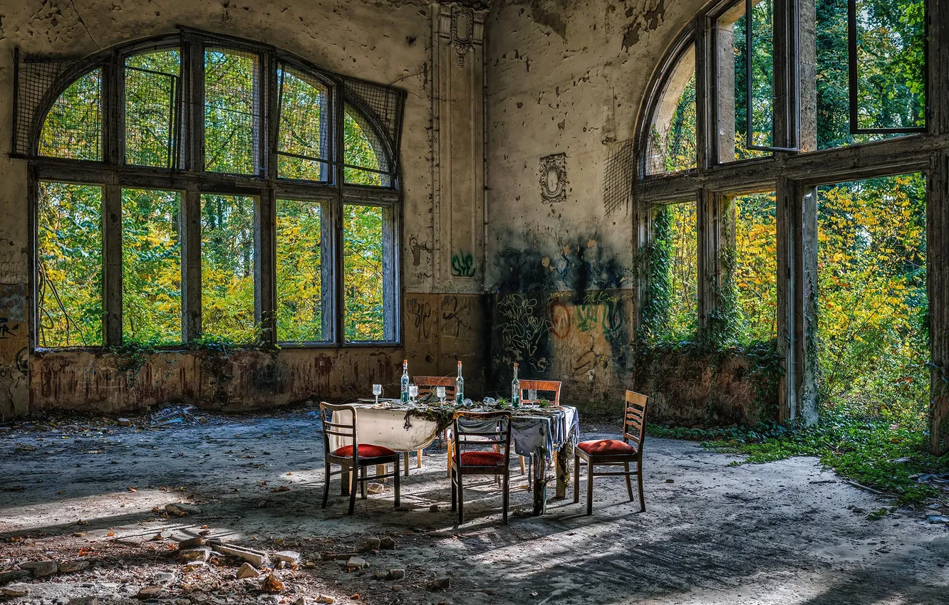 Photo wallpaper old age, table, window, chair, ruins