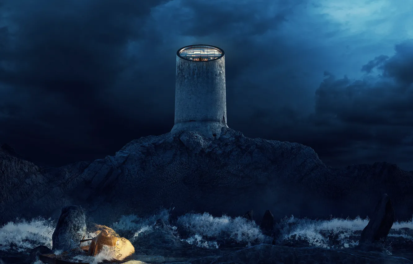 Photo wallpaper night, clouds, rocks, construction, The three colors of the Lighthouse - BLUE