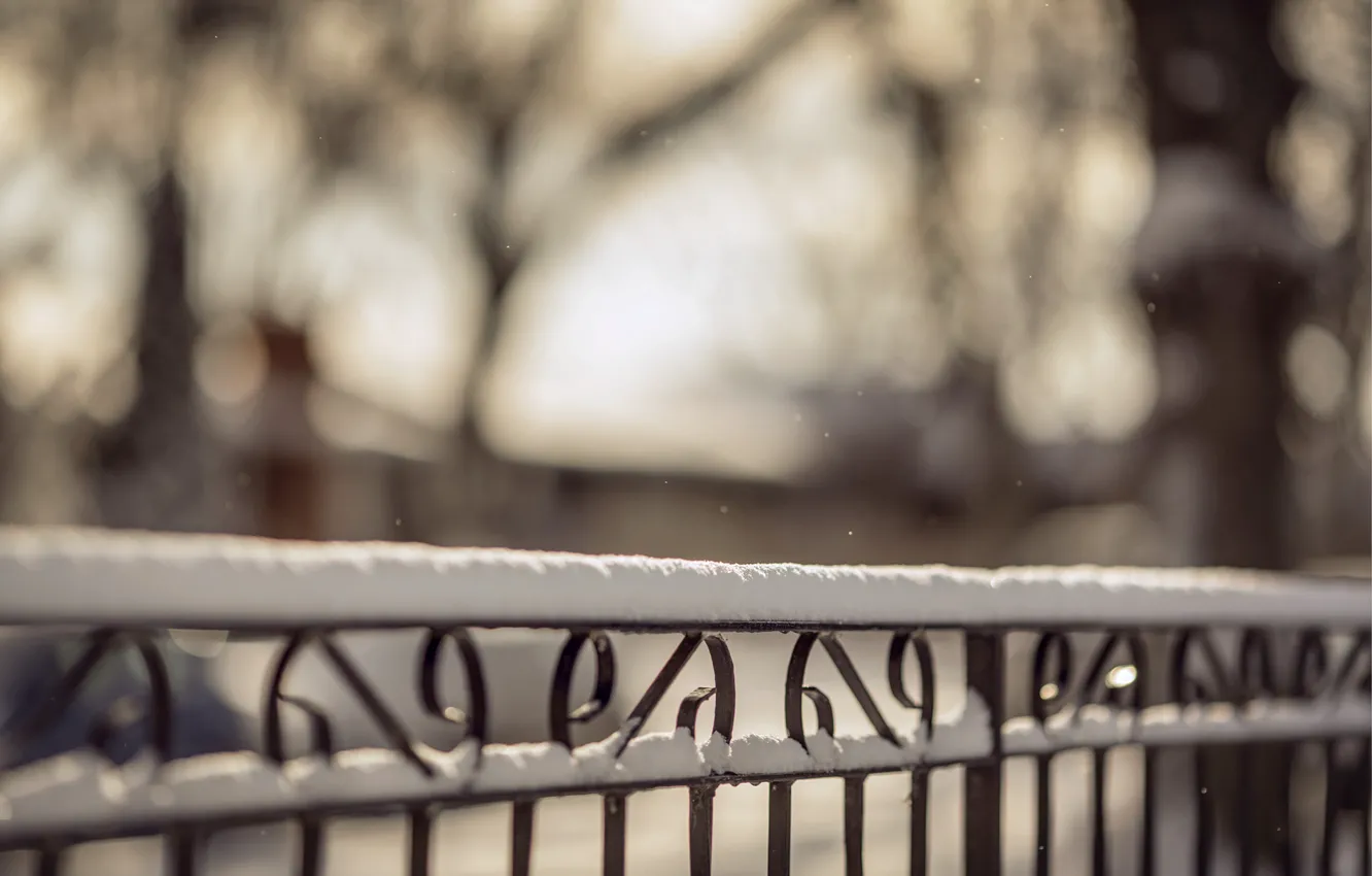 Photo wallpaper winter, macro, snow, nature, the fence, fence, blur, rods
