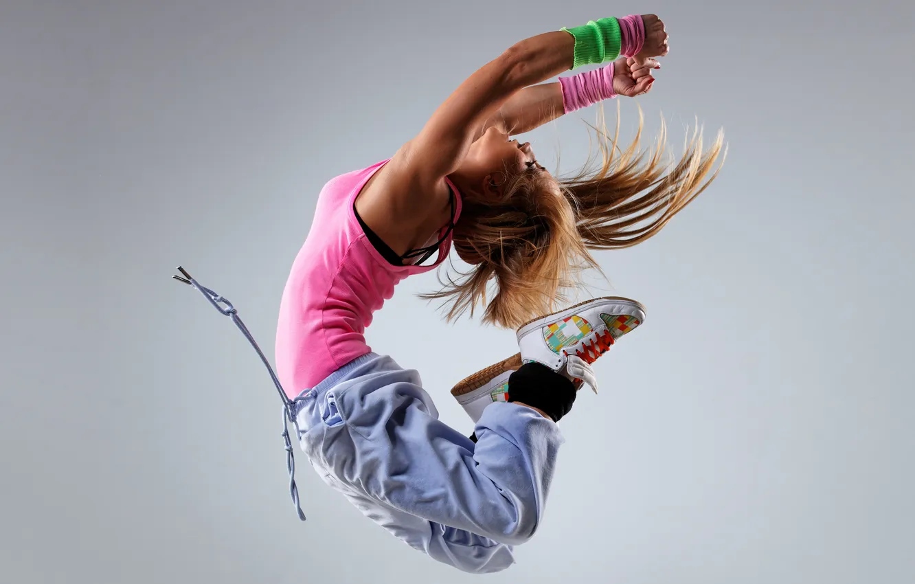 Photo wallpaper girl, jump, Mike, blonde, sneakers, expression, pants