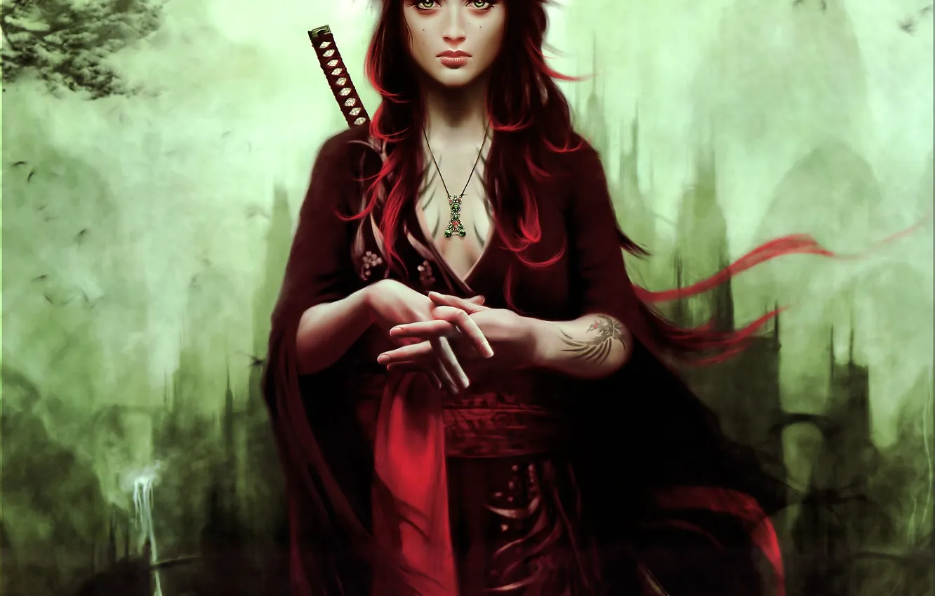 Photo wallpaper girl, sword, tattoo, warrior