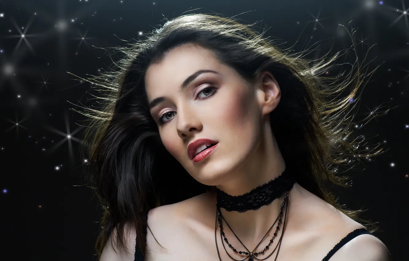 Photo wallpaper look, girl, stars, night, hair, brunette, beauty, girl