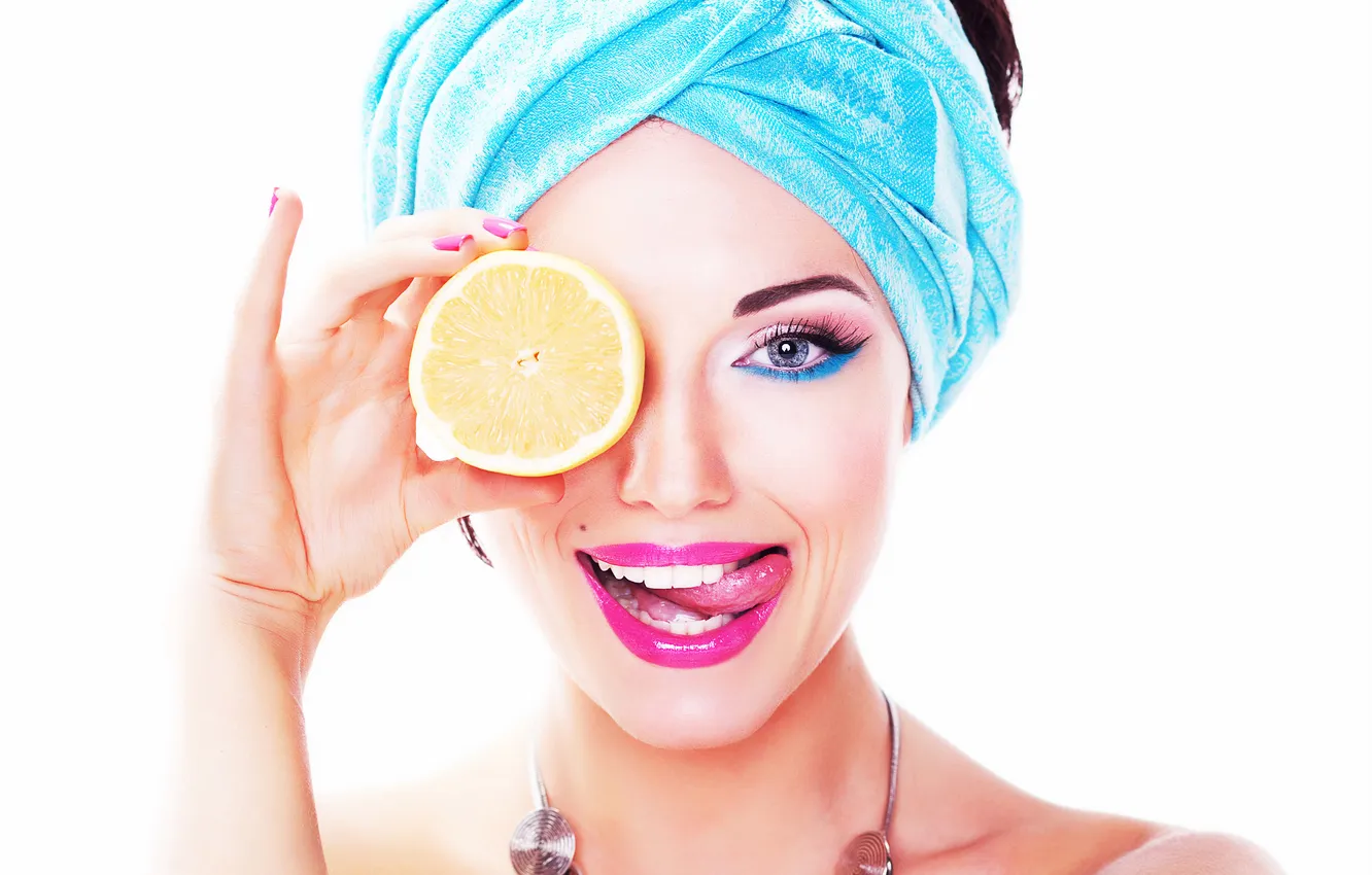 Photo wallpaper language, face, smile, lemon, makeup, lips