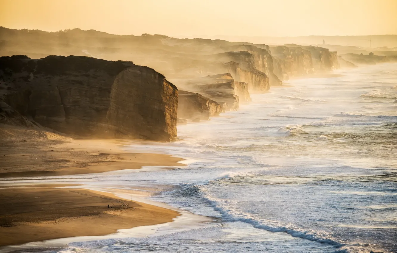 Photo wallpaper sea, landscape, nature, fog, rocks, shore, morning