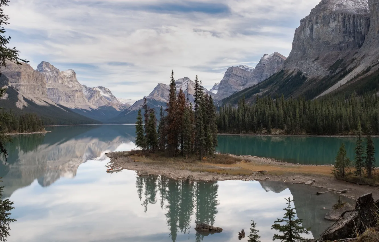 Photo wallpaper mountains, ate, island, pond