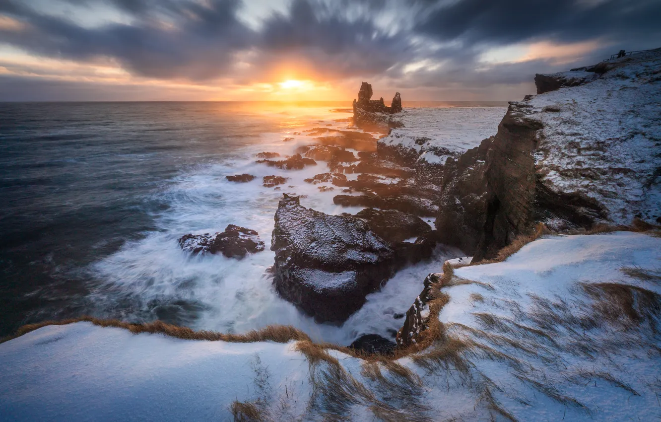 Photo wallpaper sea, snow, sunset, the ocean, rocks, coast, Iceland, Iceland