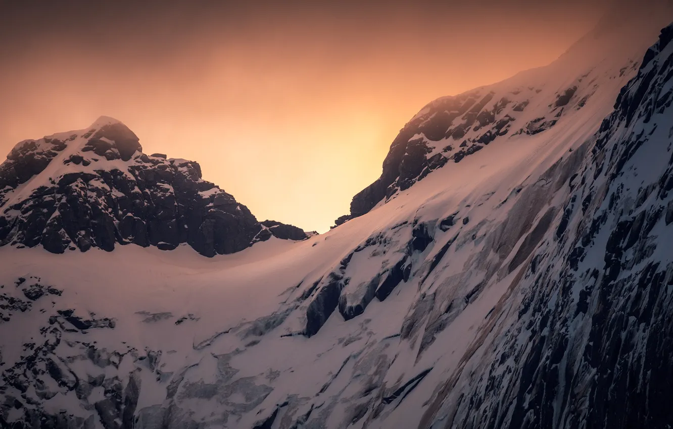 Photo wallpaper the sky, snow, sunset, mountains, nature, rocks, Norway