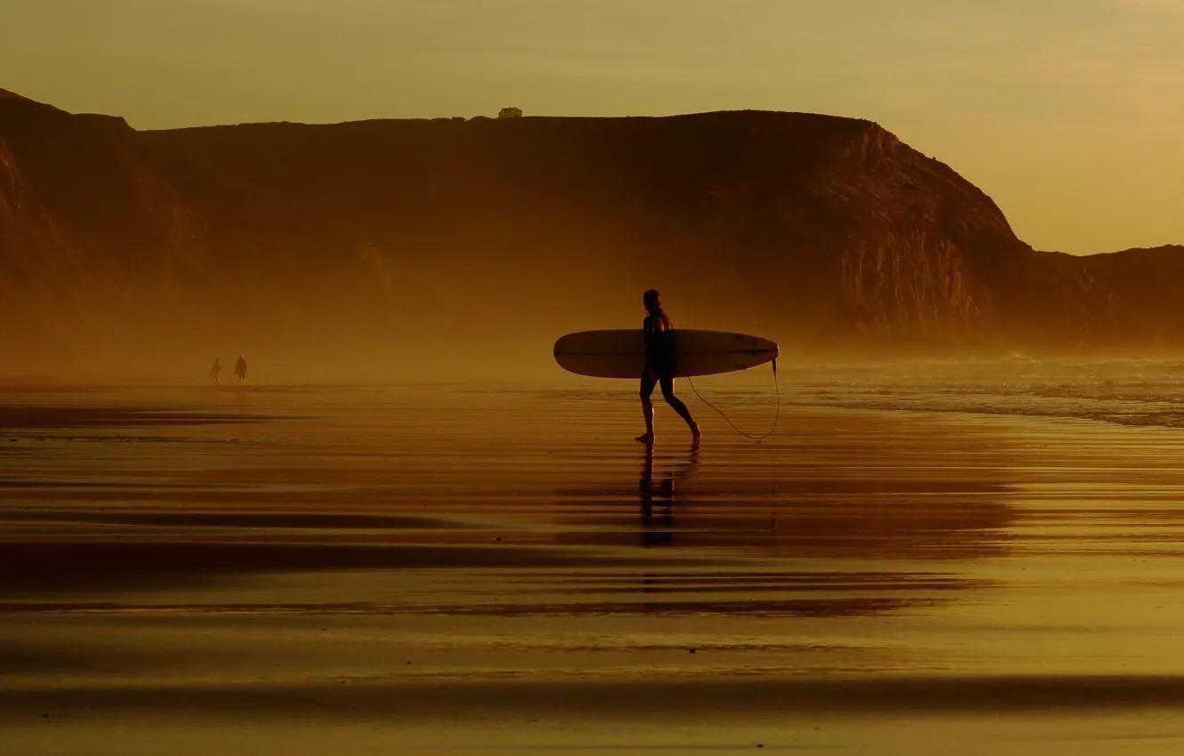 Photo wallpaper waves, beach, sunset, surfer, longboard, extreme sport
