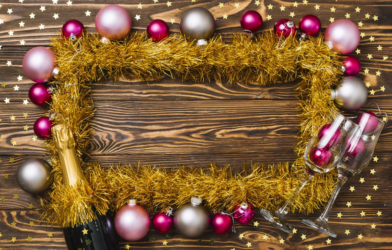 Photo wallpaper decoration, balls, glass, new year, colorful, Christmas, tinsel, champagne