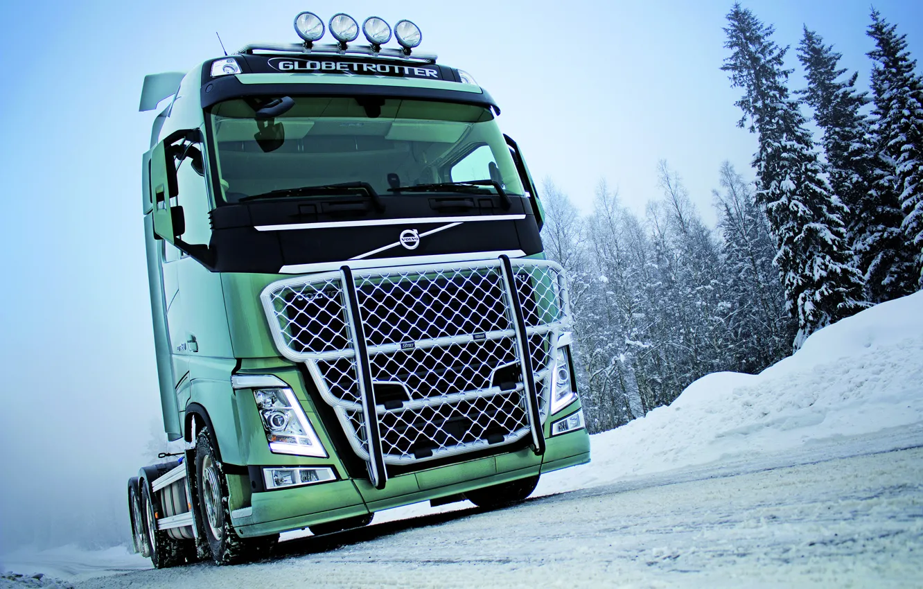 Photo wallpaper winter, road, field, snow, track, truck, Volvo, 750