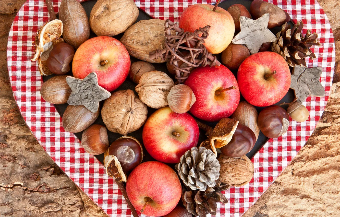 Photo wallpaper autumn, apples, red, fruit, nuts, bumps, acorns, chestnuts