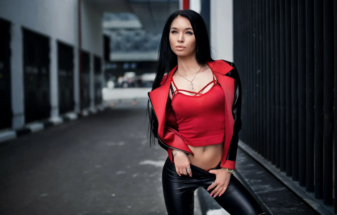 Photo wallpaper sexy, model, portrait, makeup, Mike, piercing, brunette, jacket