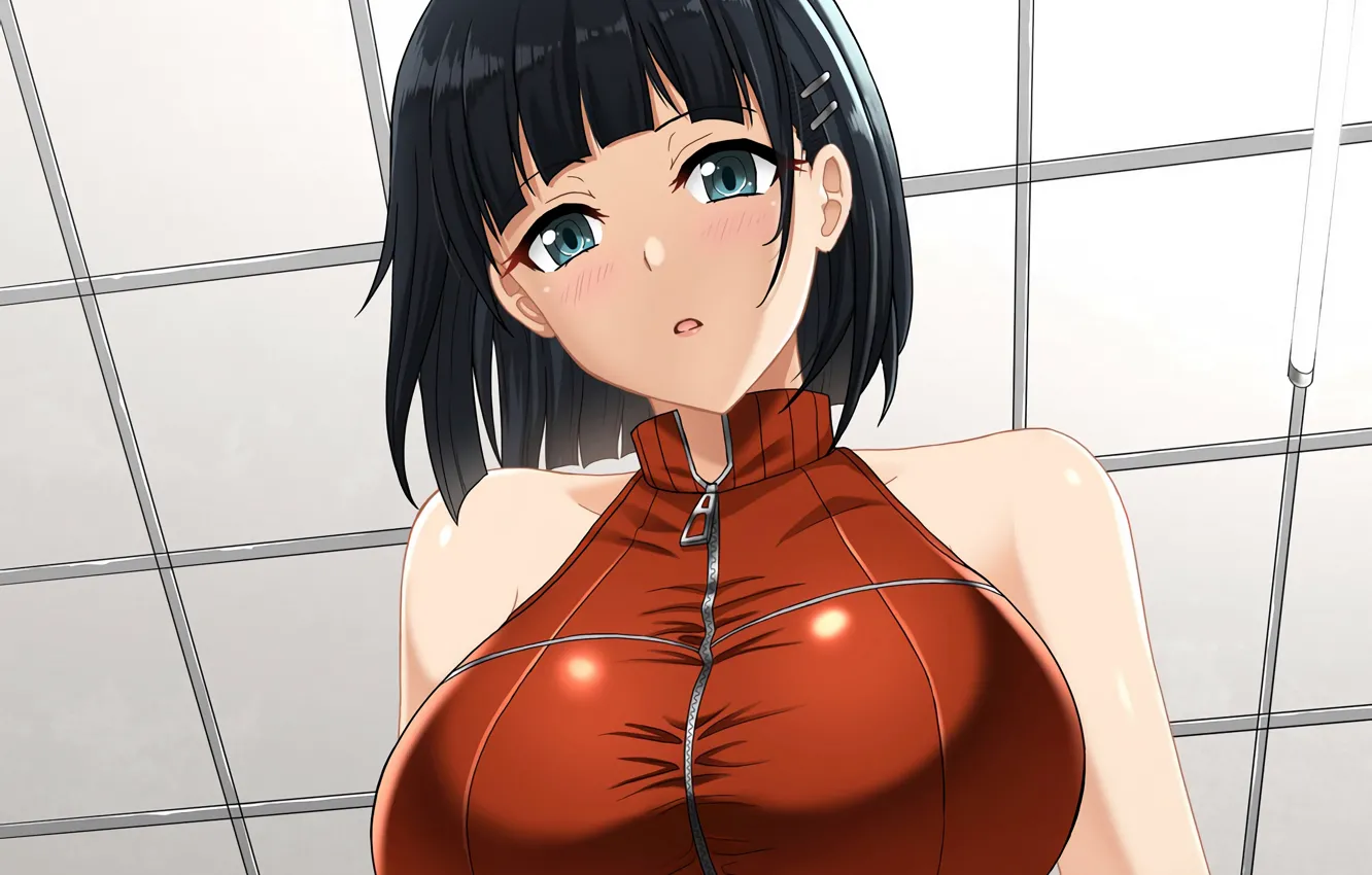 Photo wallpaper girl, sexy, blouse, boobs, anime, beautiful, short hair, pretty