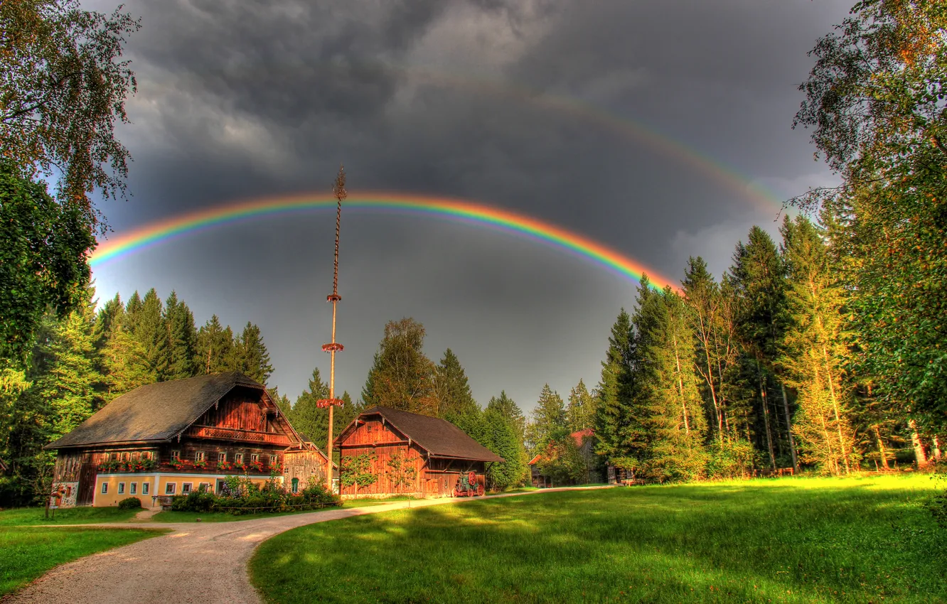 Photo wallpaper road, grass, trees, the city, photo, home, rainbow, Austria