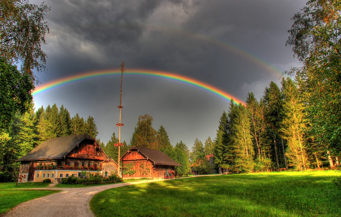 Photo wallpaper photo, Home, Road, The city, Grass, Trees, Austria, Rainbow