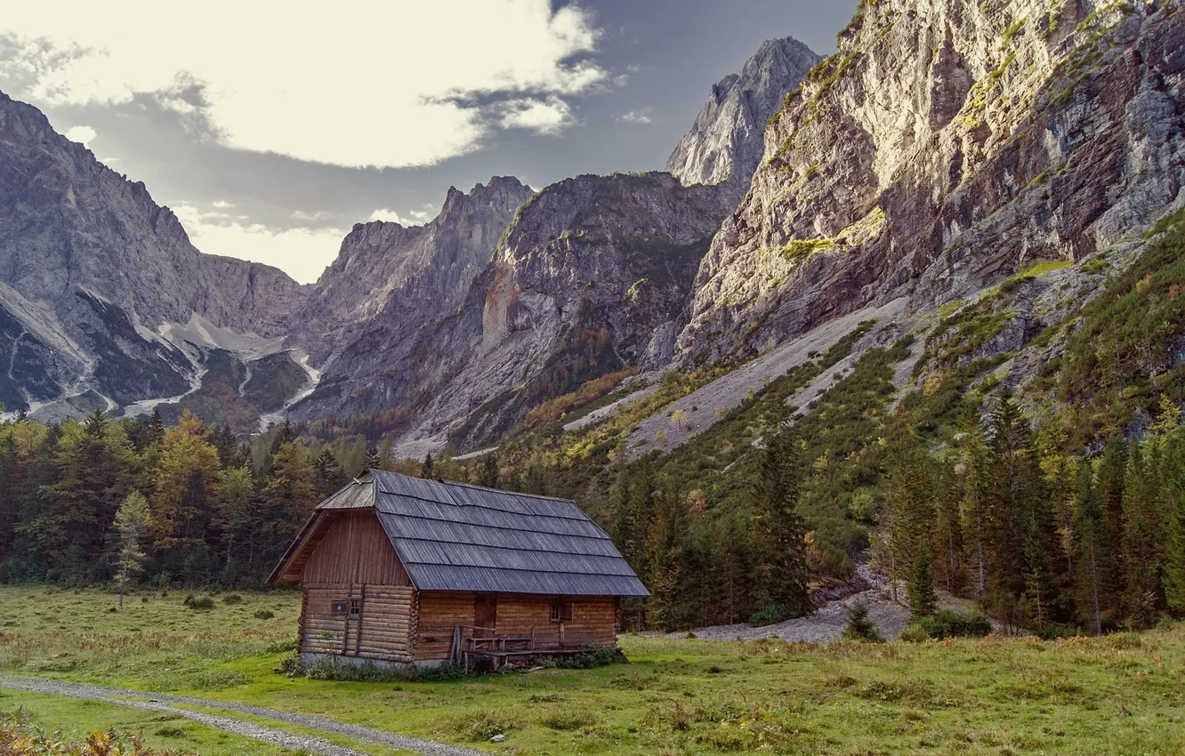 Photo wallpaper mountains, nature, house, hut