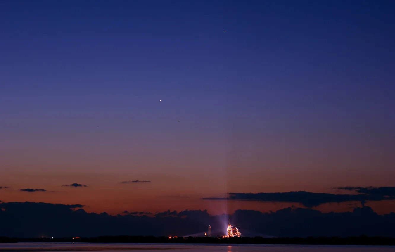 Photo wallpaper the sky, stars, planet, ship, Shuttle, Mars, Jupiter, Mercury