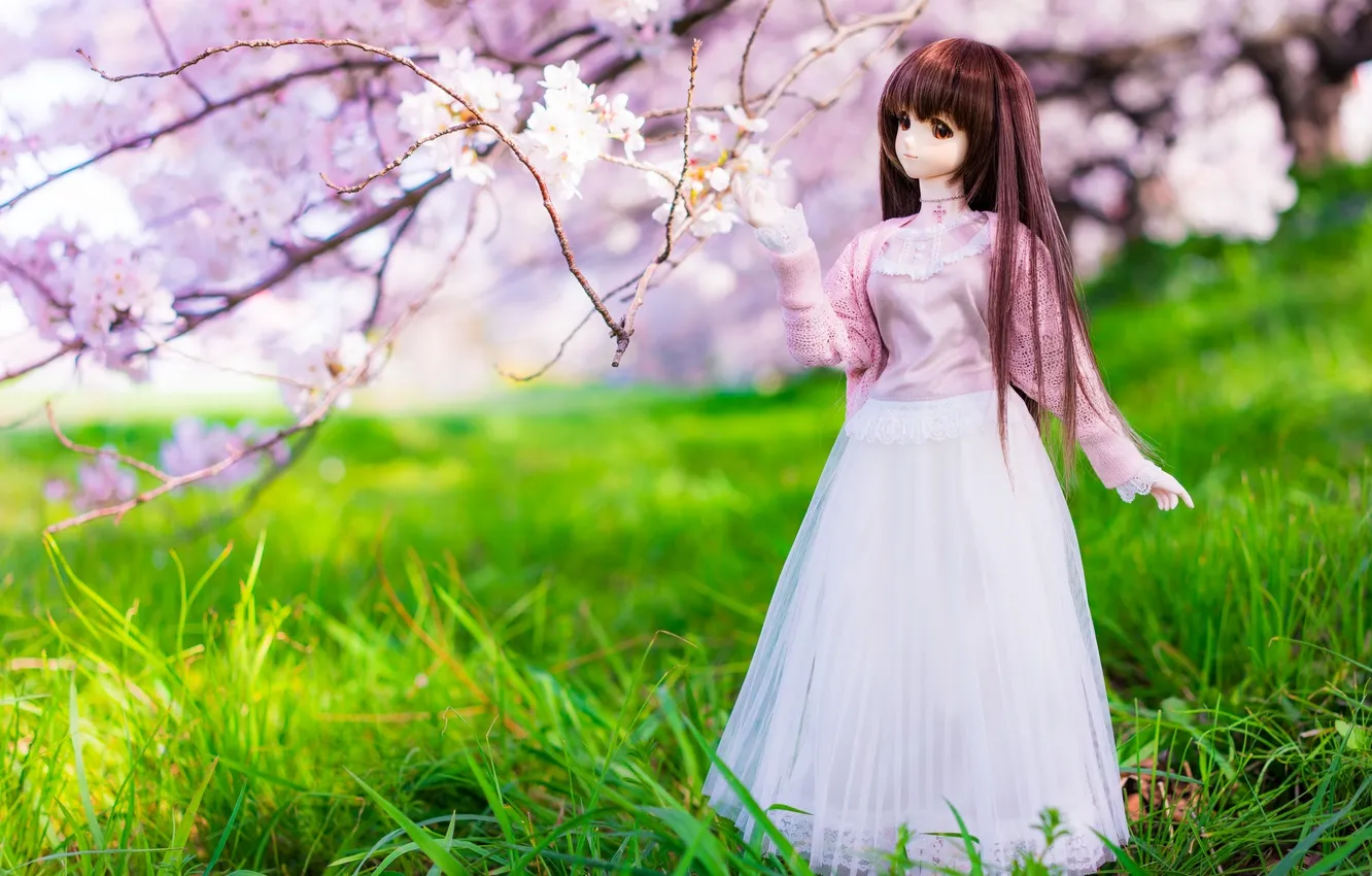 Photo wallpaper spring, grass, weed, spring, doll, flowering trees, doll, flowering trees