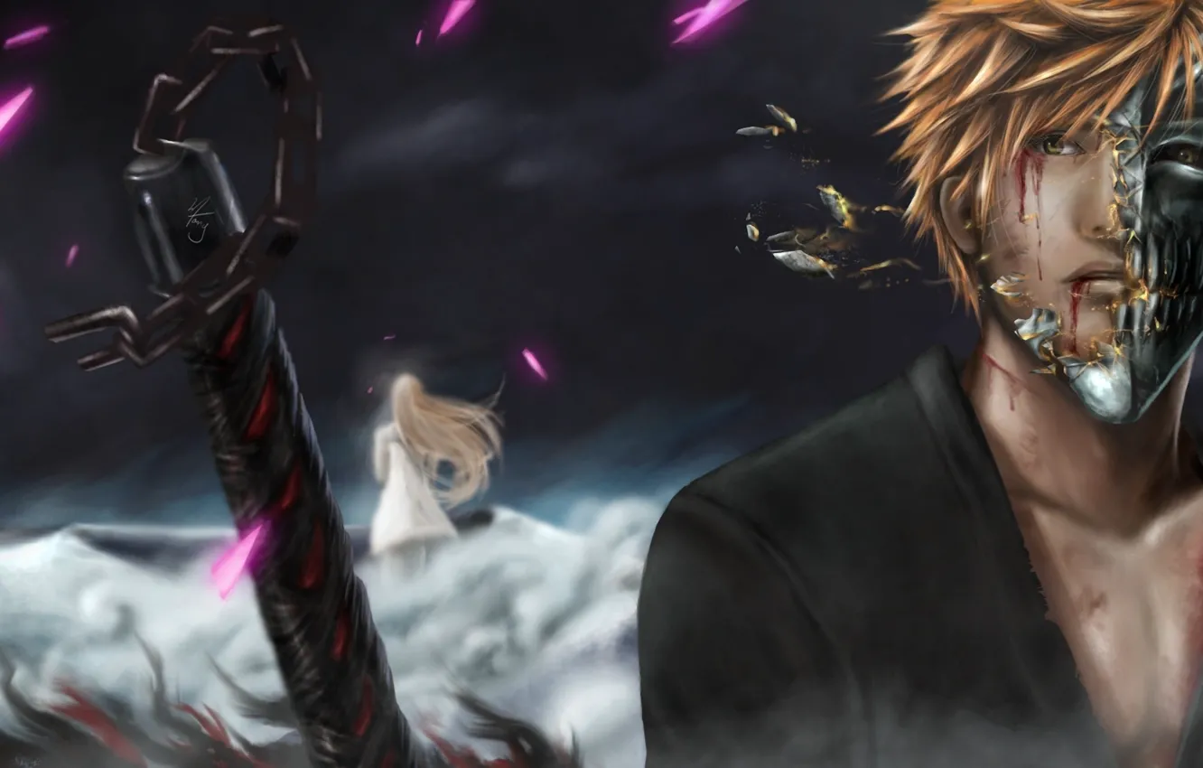 Photo wallpaper girl, blood, sword, guy, bleach, Kurosaki Ichigo, arm, wounds