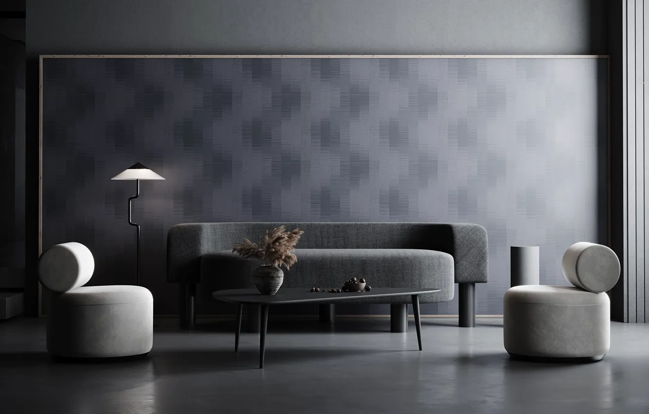 Photo wallpaper design, style, interior, living room, black color in the interior, Bobbi Beck strap subtle pattern