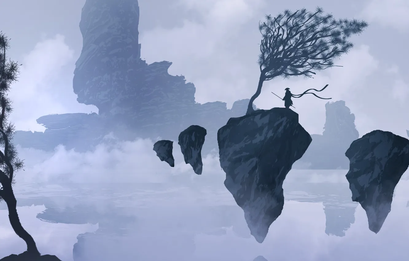 Photo wallpaper landscapes, warrior, figure, digital art, mountains, Flying rocks, Echo Of Silence, TacoSauceNinja