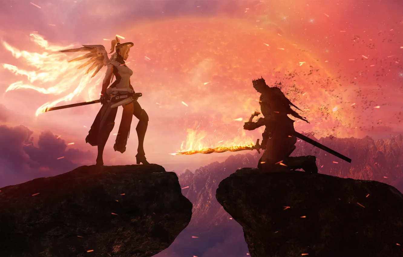 Photo wallpaper fire, flame, sword, rock, game, robot, armor, mecha