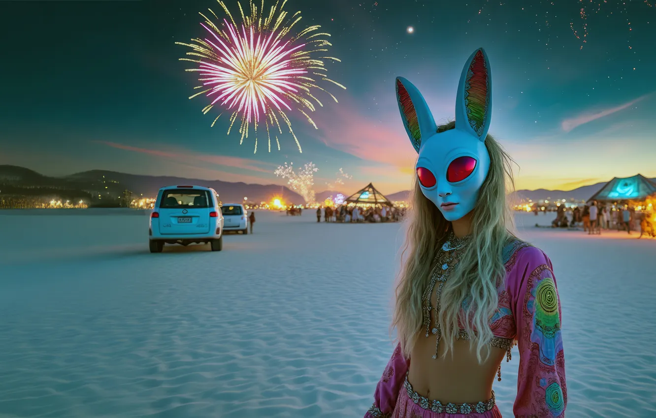 Photo wallpaper machine, the sky, eyes, look, girl, mountains, night, lights