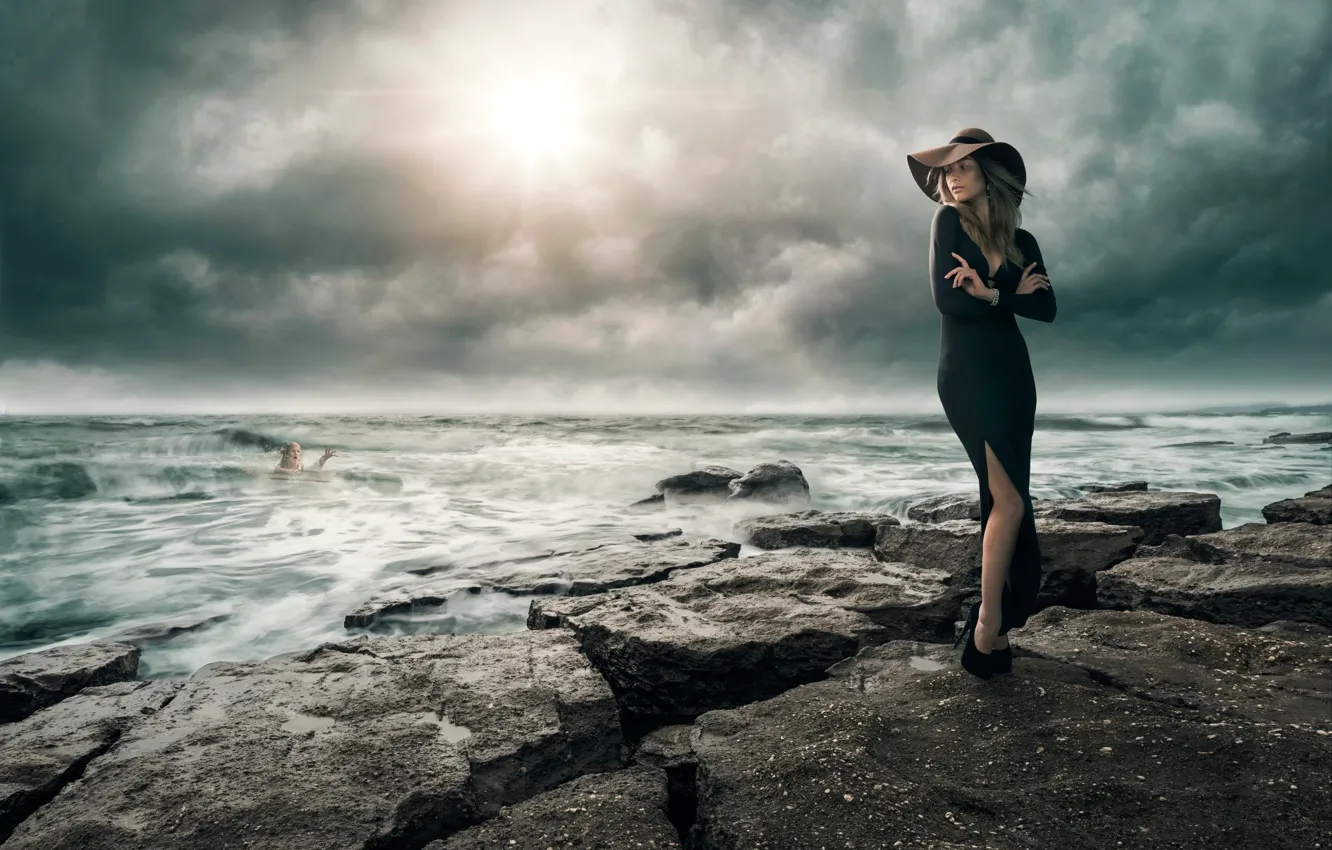 Photo wallpaper sea, girl, storm, on the shore, the work of, Facing Adversity, drowning, the rescue of …