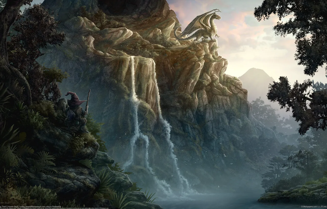 Photo wallpaper mountains, fantasy, dragon, Kerem Couplets