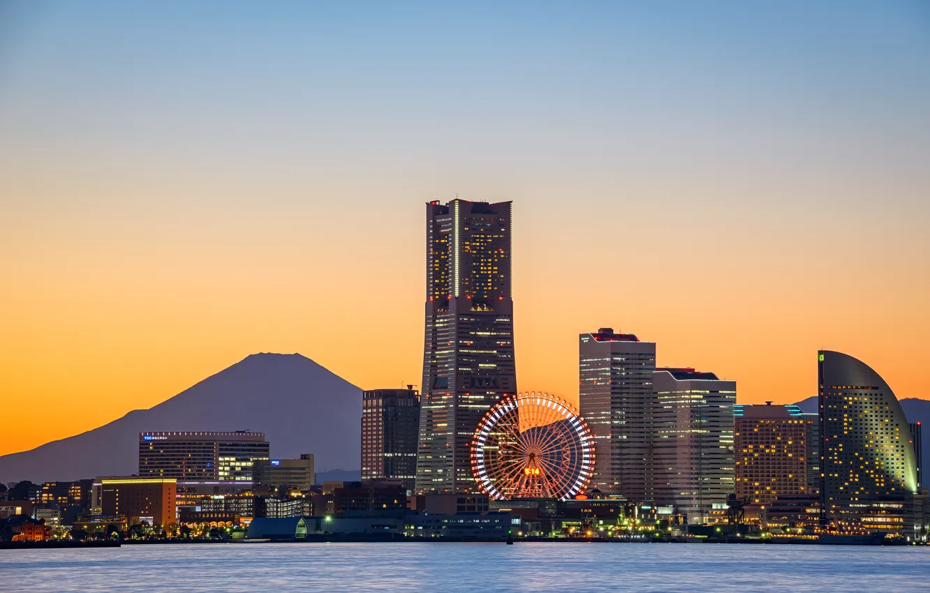 Photo wallpaper Bay, Ferris wheel, bay, Ferris Wheel, Yokohama, Fuji