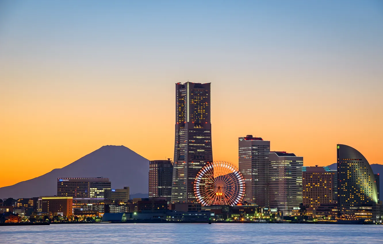 Photo wallpaper Bay, Ferris wheel, bay, Yokohama, Fuji, ferris wheel
