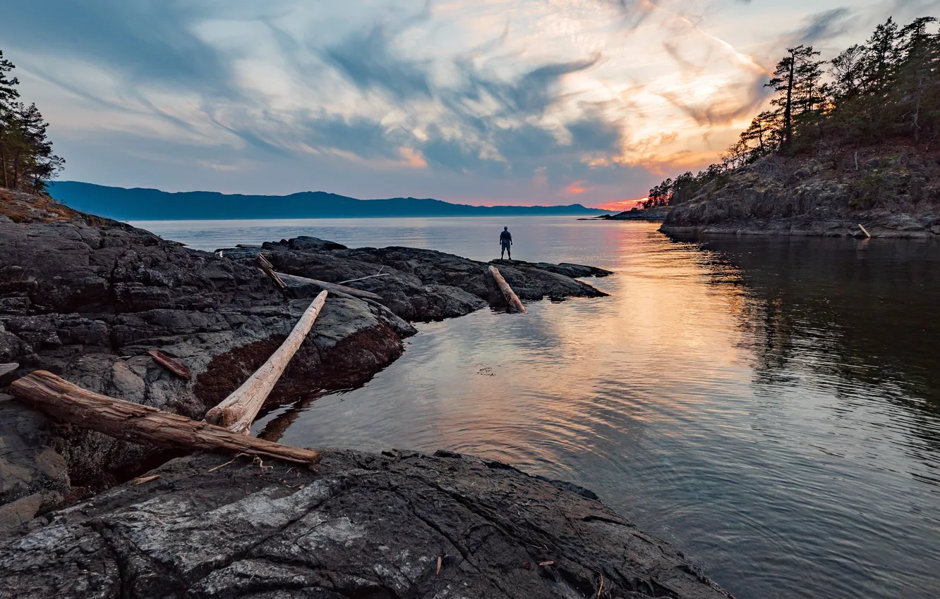Photo wallpaper the sky, clouds, light, trees, sunset, mountains, lake, stones